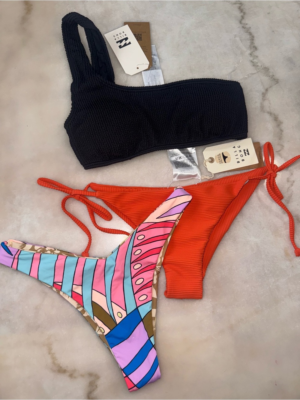 Billabong Black One-Shoulder Bikini Top with Orange & Multicolor Bottoms
